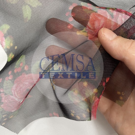 Printed Tulle | 100% Pes | Black Ground Flower Cemsa Textile