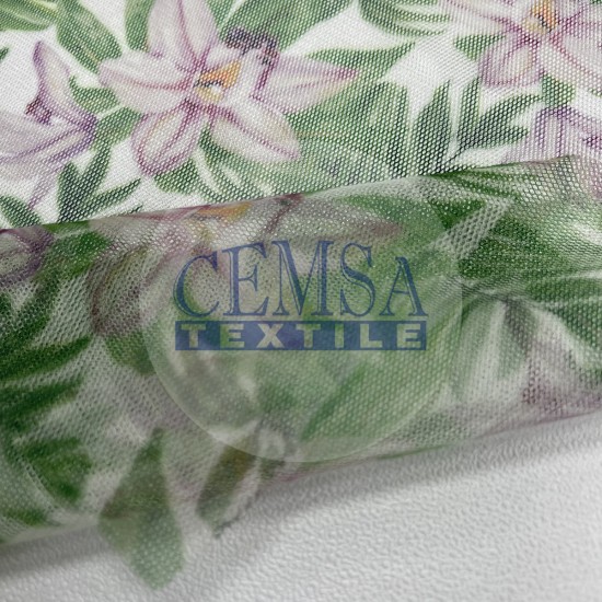 Printed Tulle | 100% Pes | White Ground Green Cemsa Textile